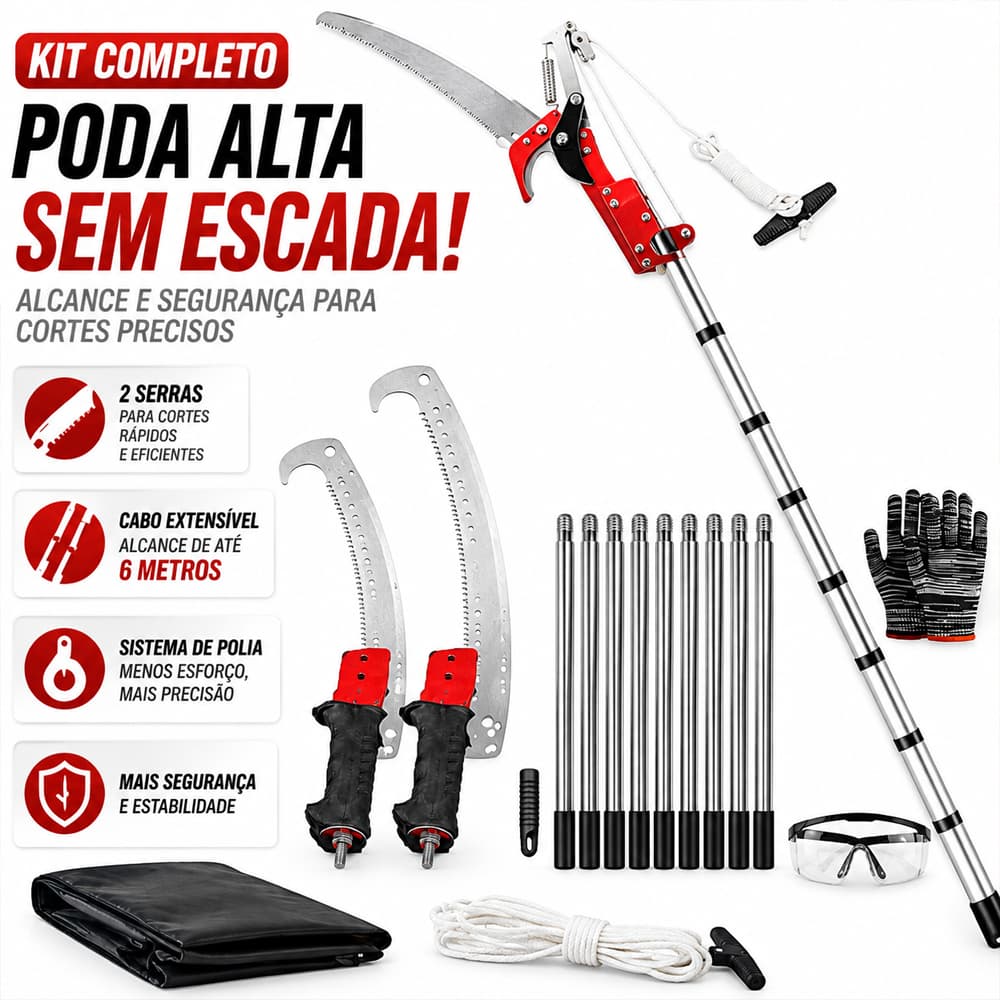 Kit Podador de Galhos Altos 2 em 1 Telescópico 3,5m com Serrote, Tesoura de Poda e Acessórios para Árvores e Jardim