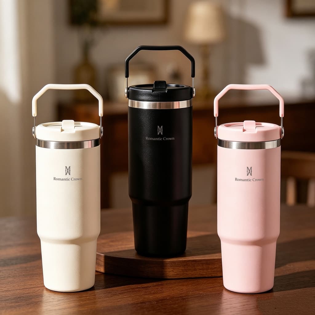 ROMANTIC CROWN Garrafa Térmica Inox 900ml Portátil com Bico e Alça Flip Tumbler para Academia e Trabalho