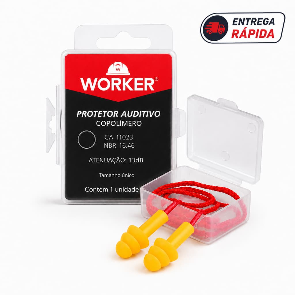Protetor Auricular Worker Plug Copolímero 13dB com Cordão EPI Abafador de Ruído Protetor Auditivo