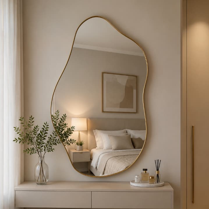 Espelho Nuvem Orgânico Decorativo Moldura Couro Dourada Lavabo Quarto Sala Parede Dubai A 90 x L 50
