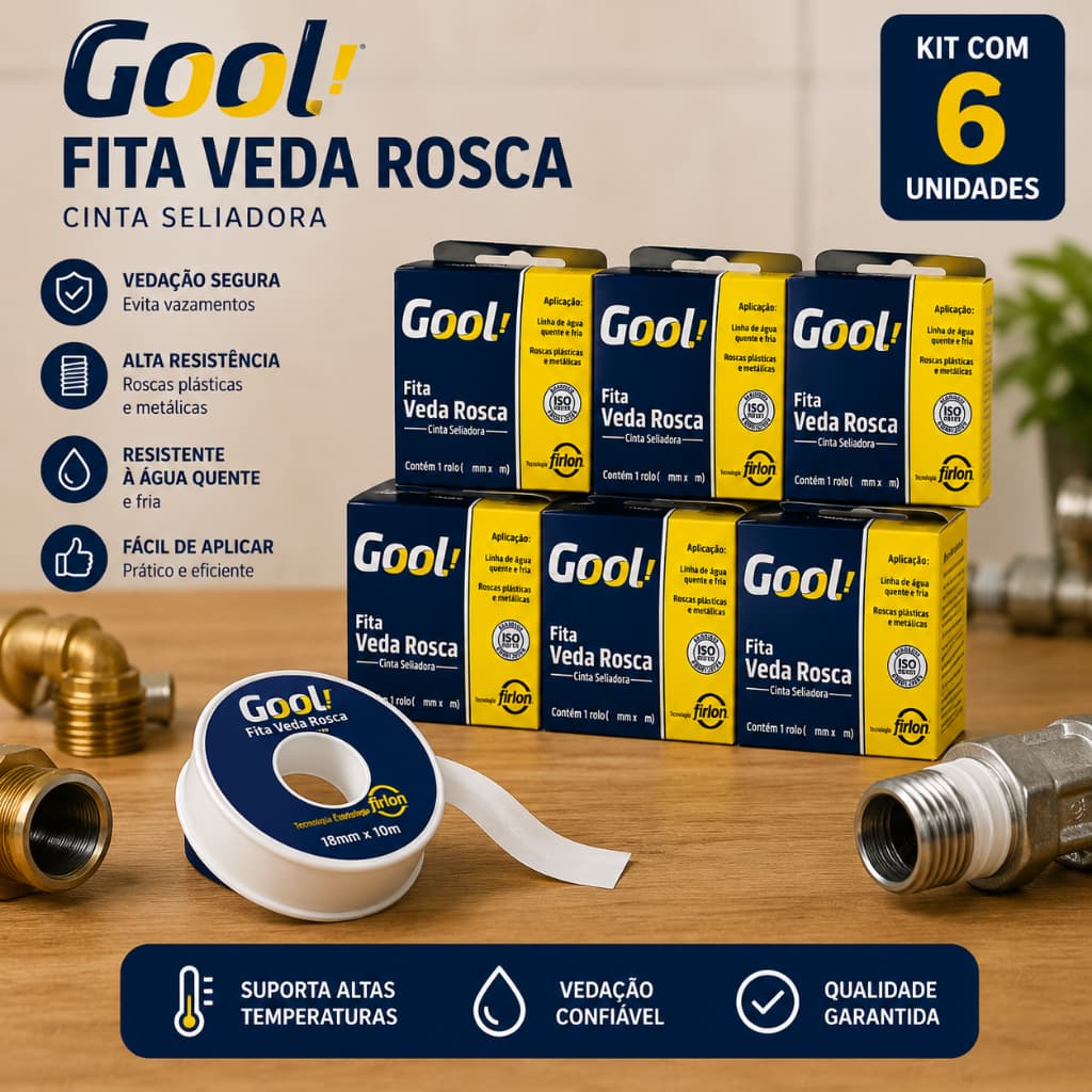 Fita Veda Rosca 18mm x 10m Kit 6 Unidades Gool Plastifluor Vedação