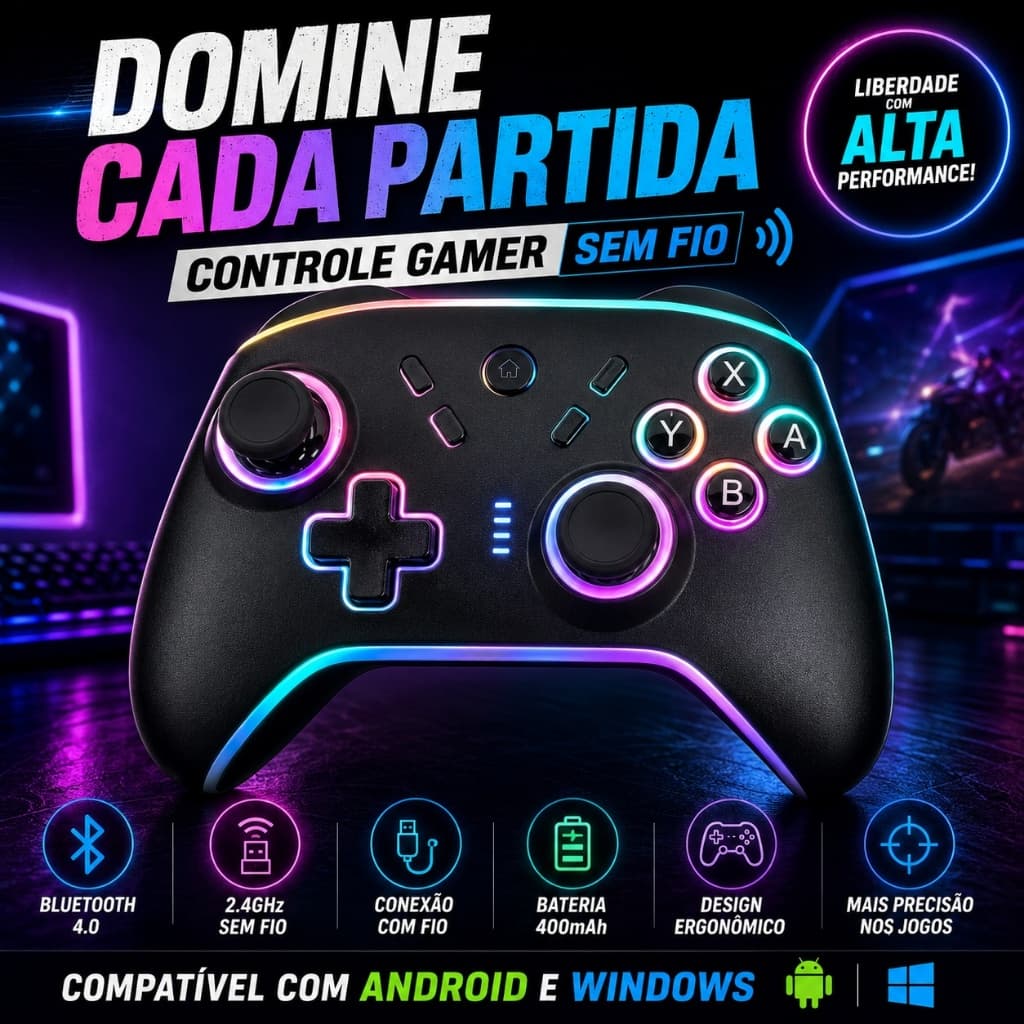 Controle Gamer Sem Fio Bluetooth 2.4G Joystick para Celular Android PC Windows Recarregável
