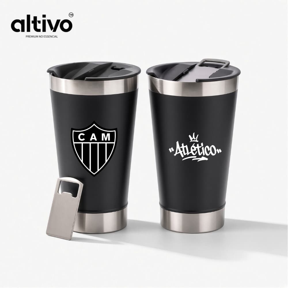 Copo Térmico Clube Atlético Mineiro Time de Futebol 473ML com Tampa Rosqueável e Abridor em Aço Inoxidável