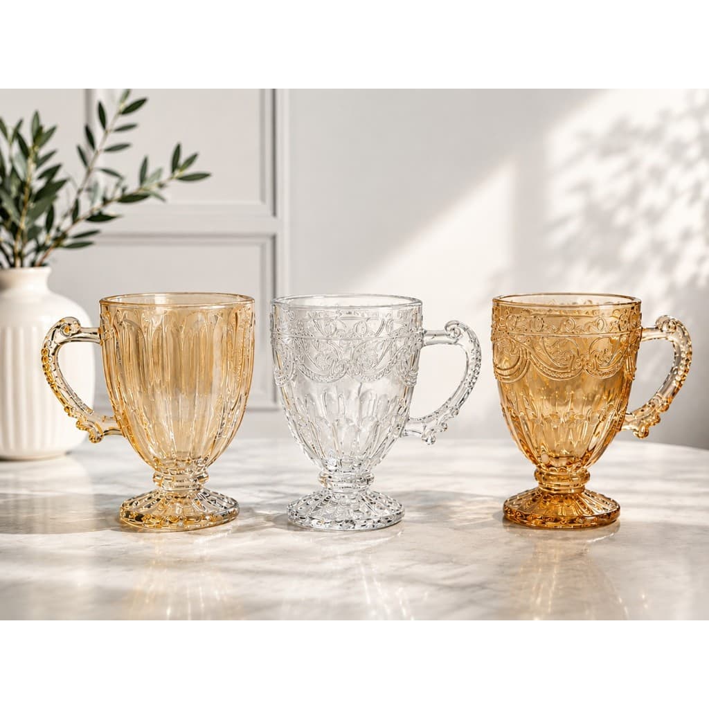 Jogo 6 Canecas de Vidro 190ml 10,5x8cm com Pé Roma ou Milão | Âmbar ou Transparente | Xícara para Café e Cappuccino