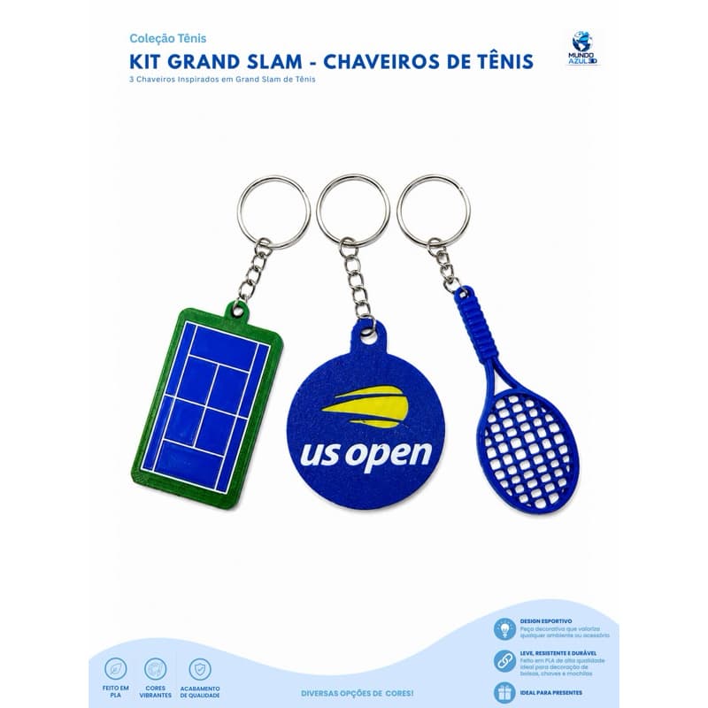 Kit 3 Chaveiros Grande Torneio de Tênis | Quadra de tênis + Raquete de tênis + Medalhão - Tennis