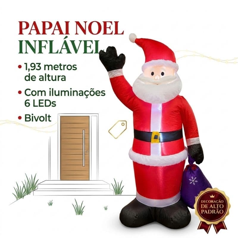 Boneco Grande Papai Noel Inflável Bivolt 1,93mts Com 6 Iluminações LEDs Decoração Natal