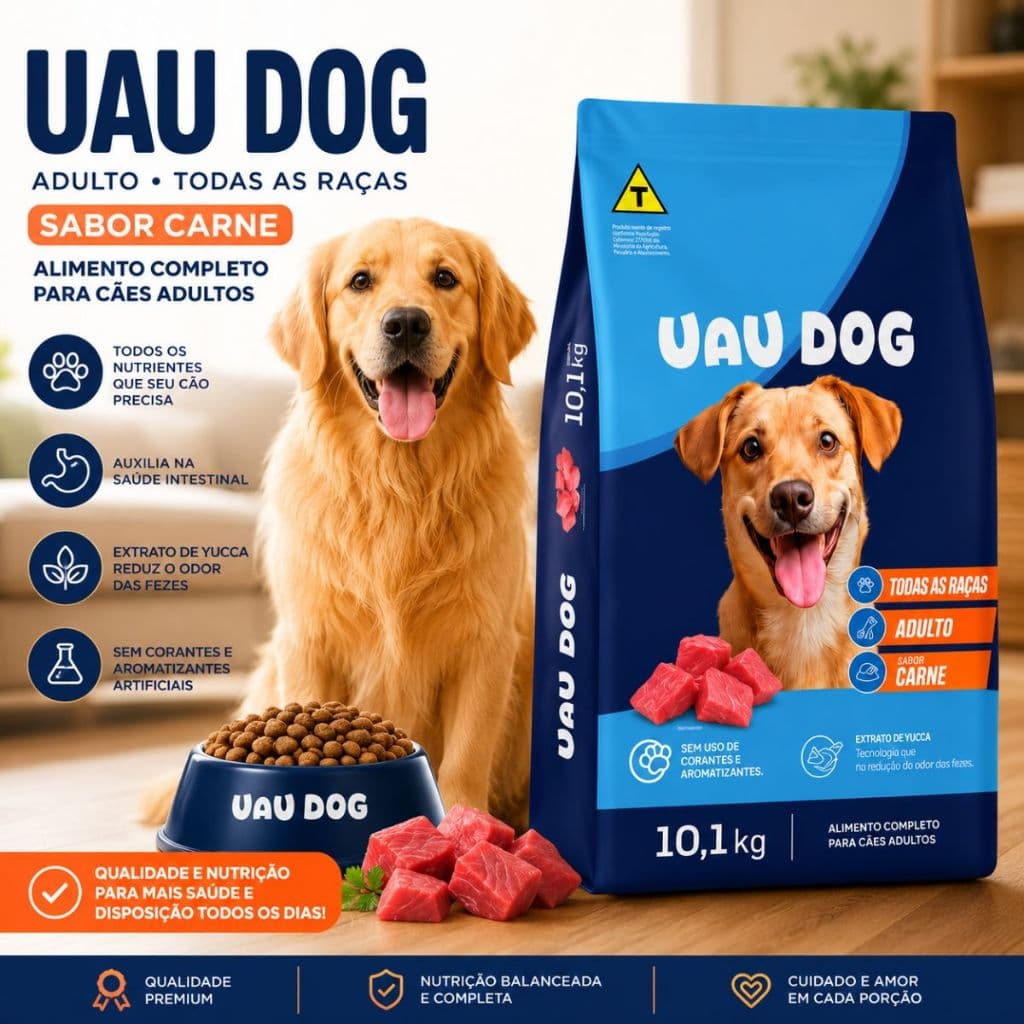 Ração Cachorro Adulto 10,1kg Uau Dog Carne Nutrição Completa Todas As Raças