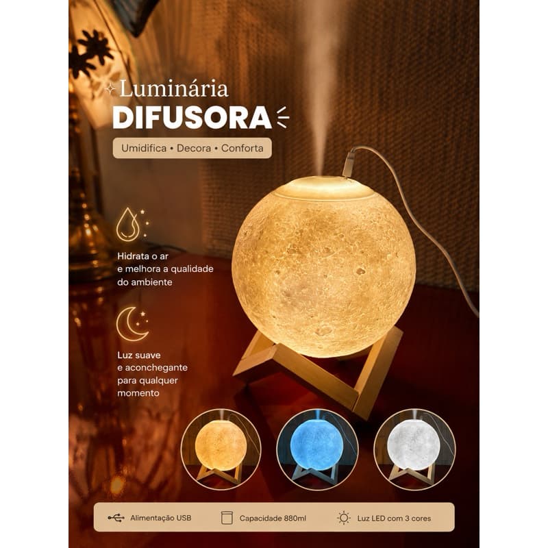 Abajur Lua Cheia 3D + Umidificador de Ar com LED 3 cores / Luminária