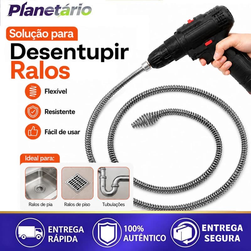 Desentupidor Rotativo  Adaptador p/ Furadeira Mola de Aço Ralo Pia Banheiro Cozinha Quintal Cano Calha