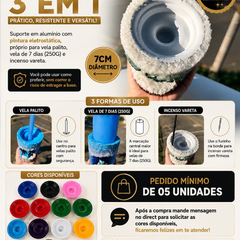 05 unidades do Suporte 3 em 1 ( Velas Palito - Velas de 7 dias - Incenso de Vareta ) Studio Vitalie
