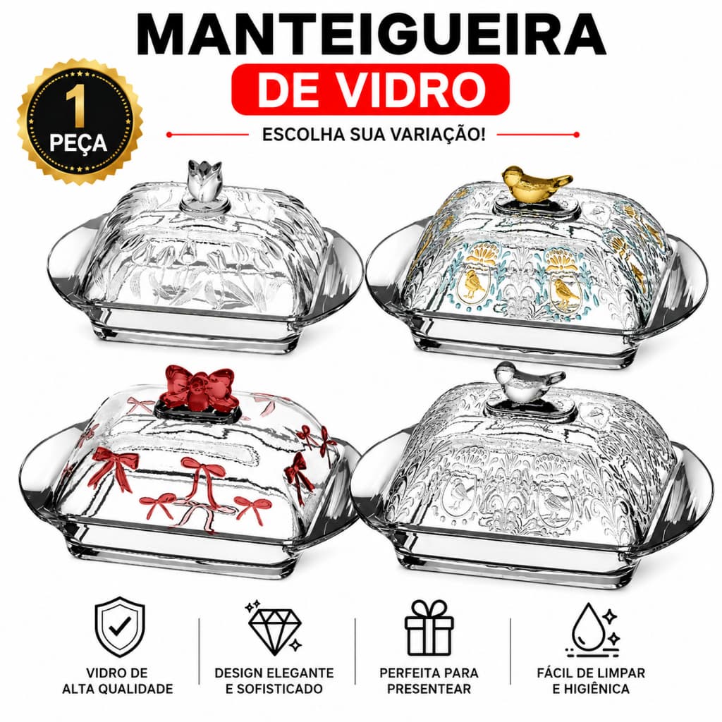 Manteigueira Vidro Cristal Luxo Com Tampa Ideal Para Manteiga e Margarina Moderno