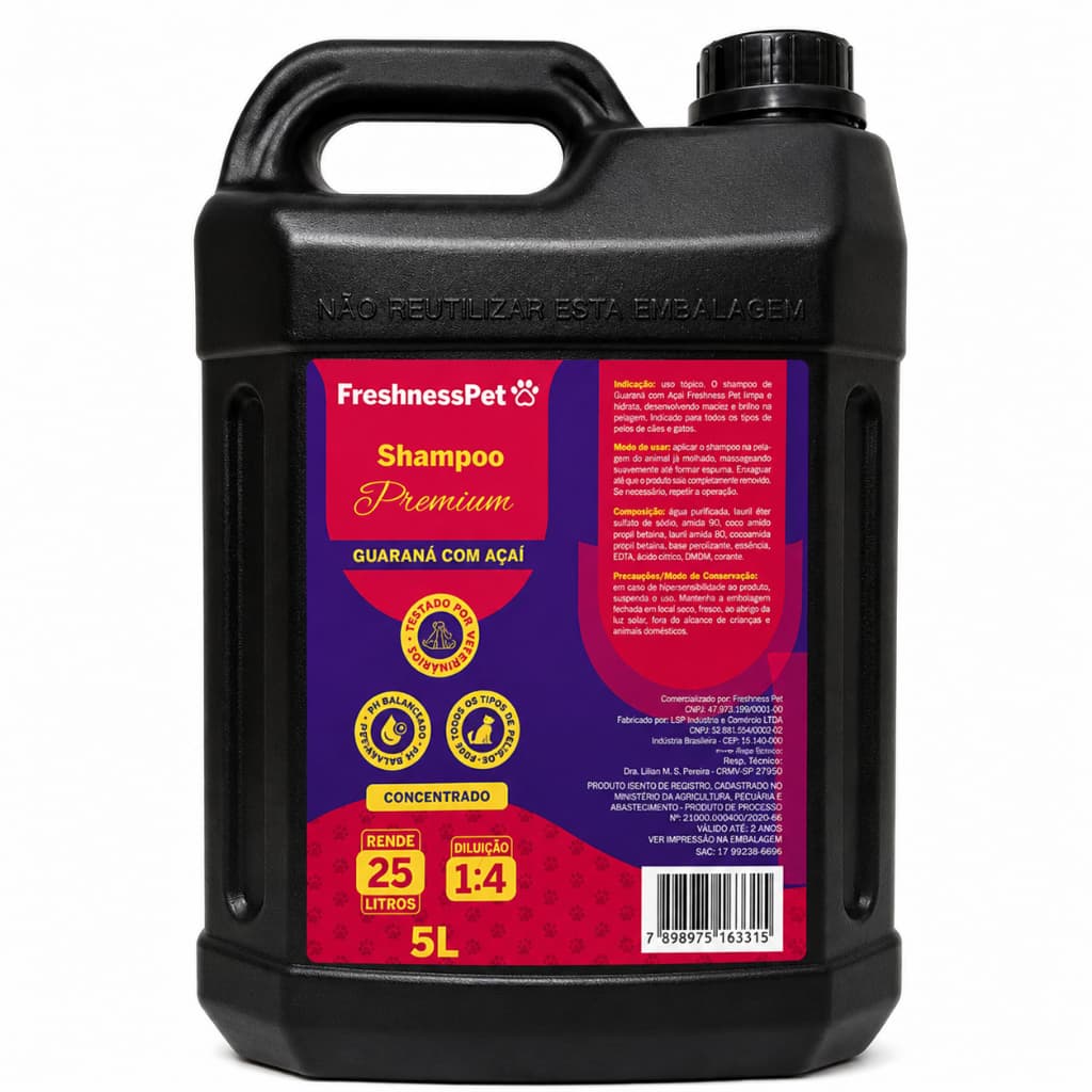 Shampoo Pets concentrado Diluição 1:4 Guaraná E Açaí Cães Gatos 5l