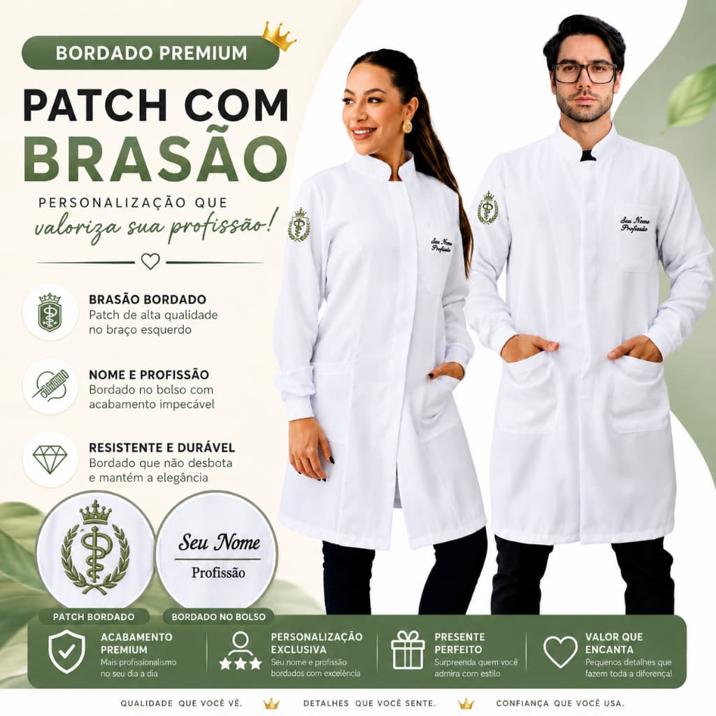 Jaleco Bordado Patch Personalizado com Nome Curso Profissão e Brasão Patch
