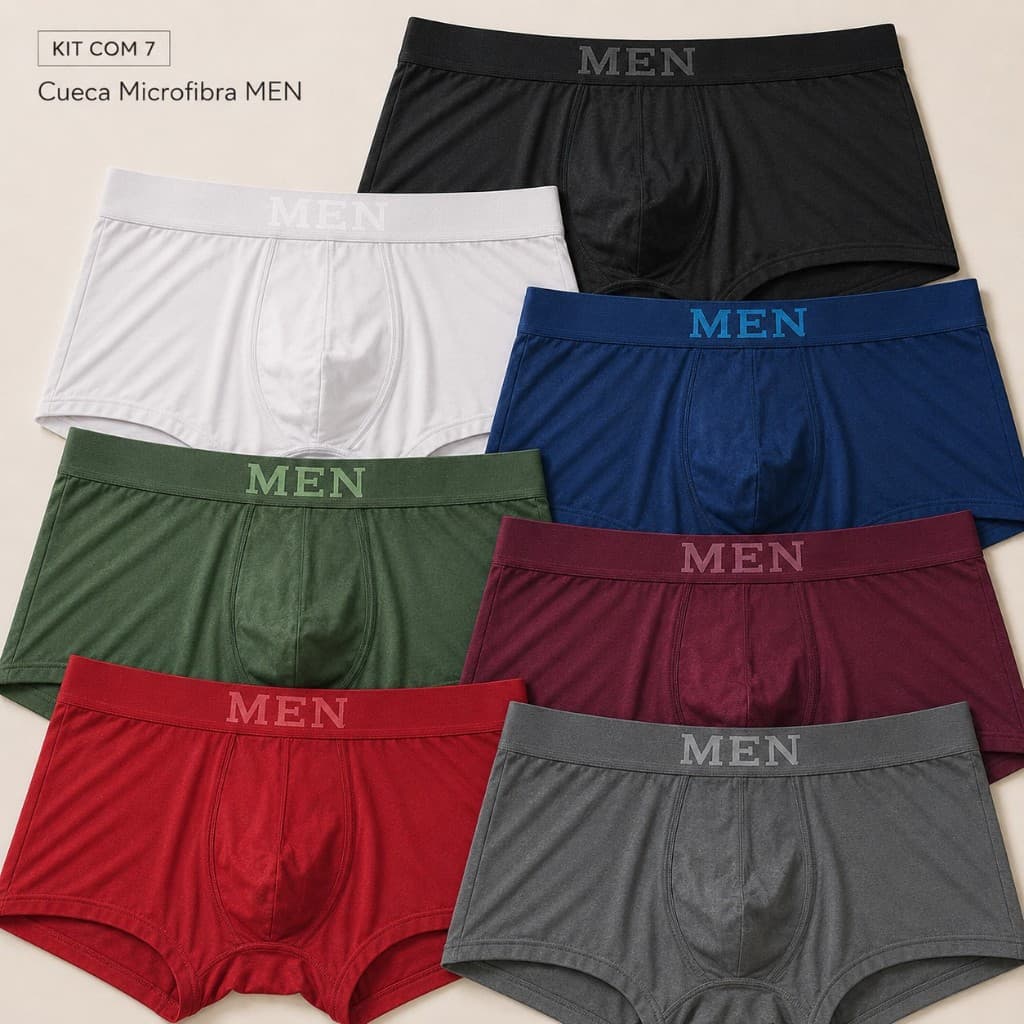 Kit 7 Cueca Boxer Masculina Microfibra MEN Poliamida Elastano Adulto P M G GG Cores Sortidas