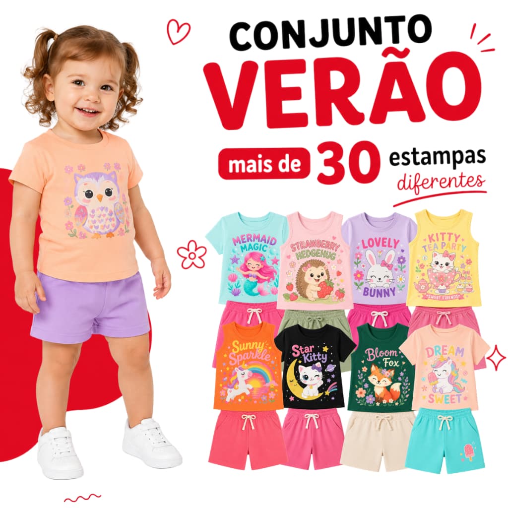 2 Peças Conjunto Infantil Feminino Verão Menina Camiseta e Short 1 a 8 Anos Roupa Infantil - 1 Conjunto