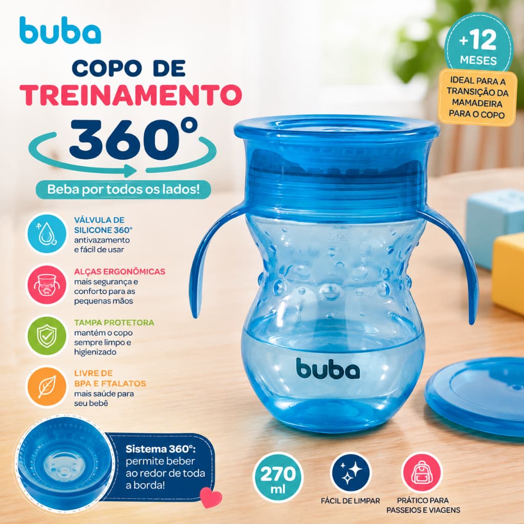 Copo de Treinamento 360° Buba 270ml com Alça Antivazamento