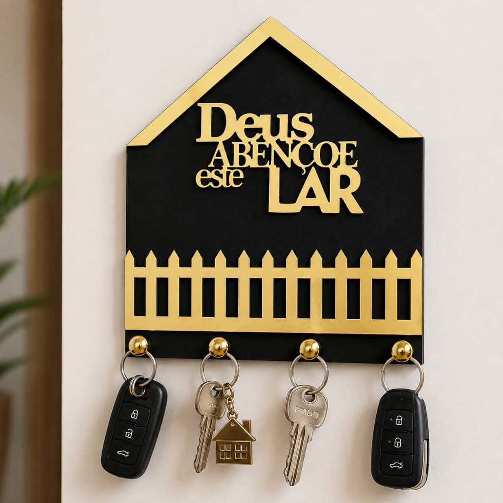 Porta Chaves de Parede Decorativo Deus Abençoe Este Lar 4 Ganchos