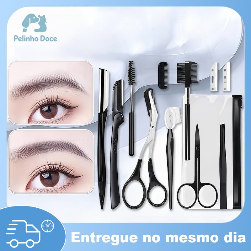 Kit 12 Peças para Sobrancelhas com Navalhas, Tesouras, Pinça, Pentes e Bolsa