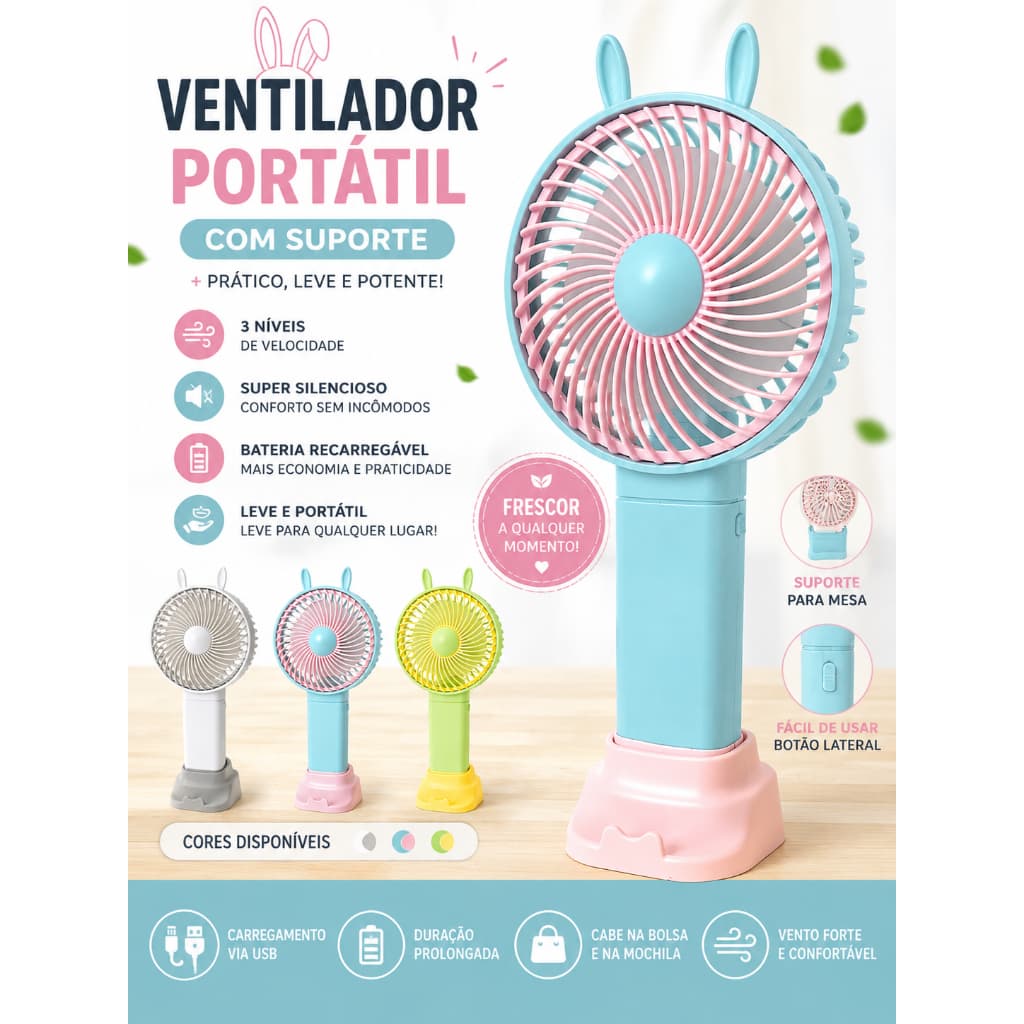 Mini Ventilador Portátil de Mão e Mesa Recarregável USB (Com Orelhinhas)