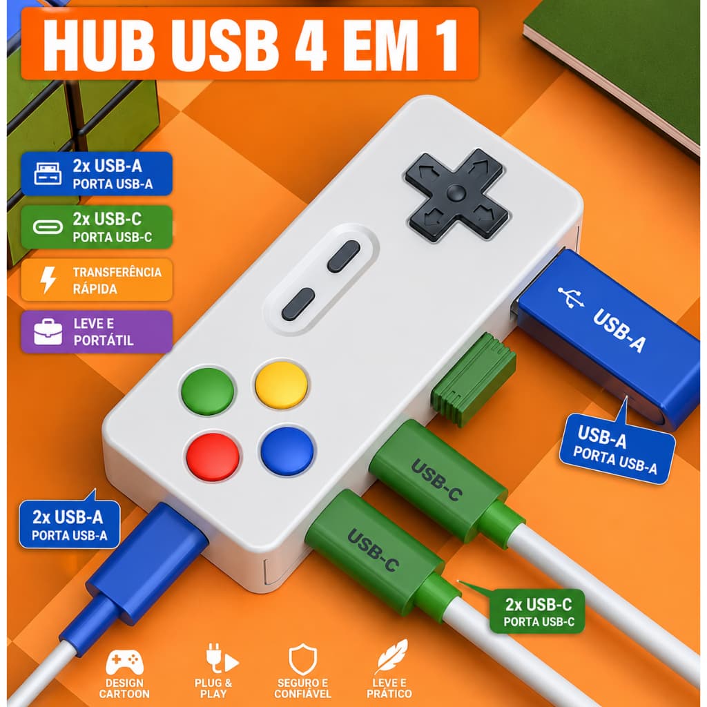Hub USB Cartoon 4 em 1, Divisor USB em Formato de Controle de Videogame, 2 Portas USB + 2 USB-C, Compacto e Portátil