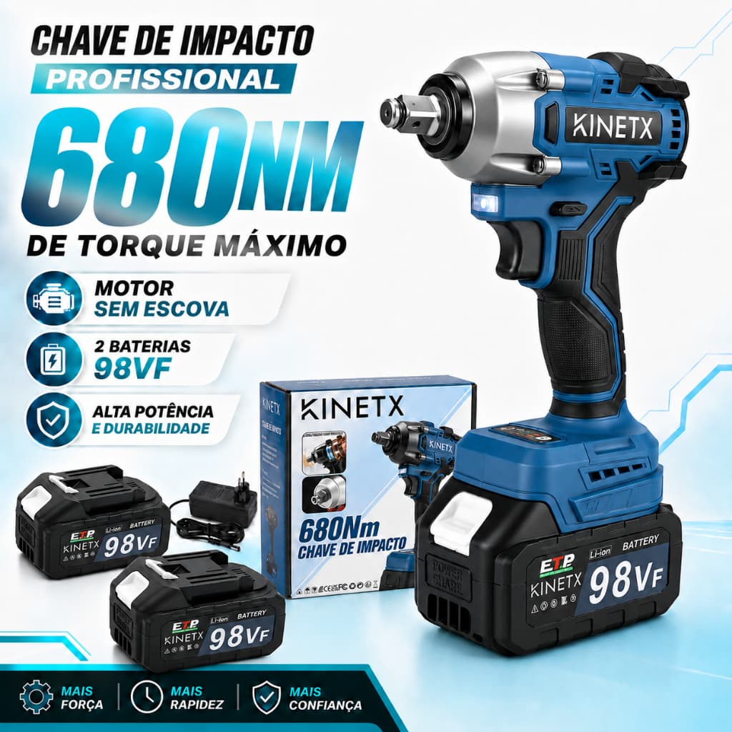 Chave de Impacto Sem Fio 680Nm 98Vf 2Baterias Brushless Motor Portátil Profissional Recarregáveis