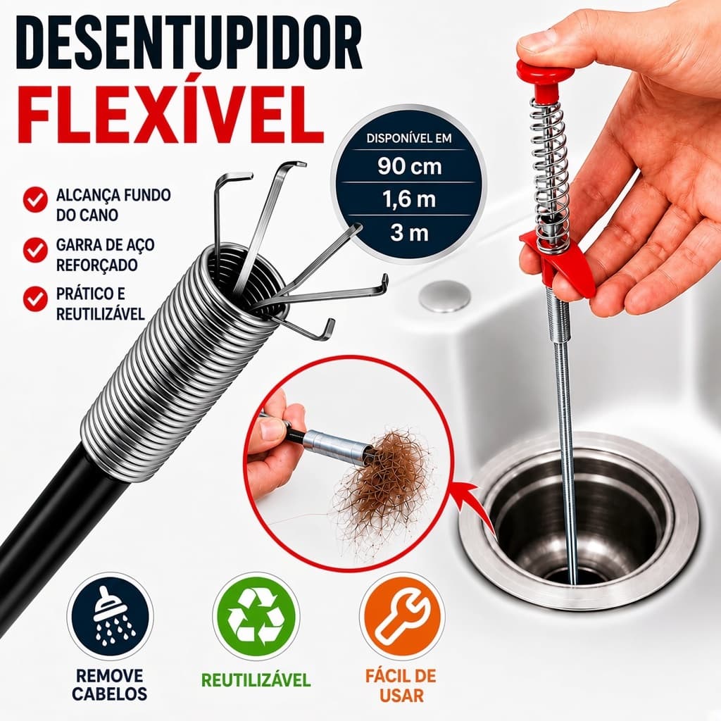 Desentupidor de Ralo Flexível 1,6m e 3m com Garra Remove Cabelo Pia Banheiro Cozinha Canos