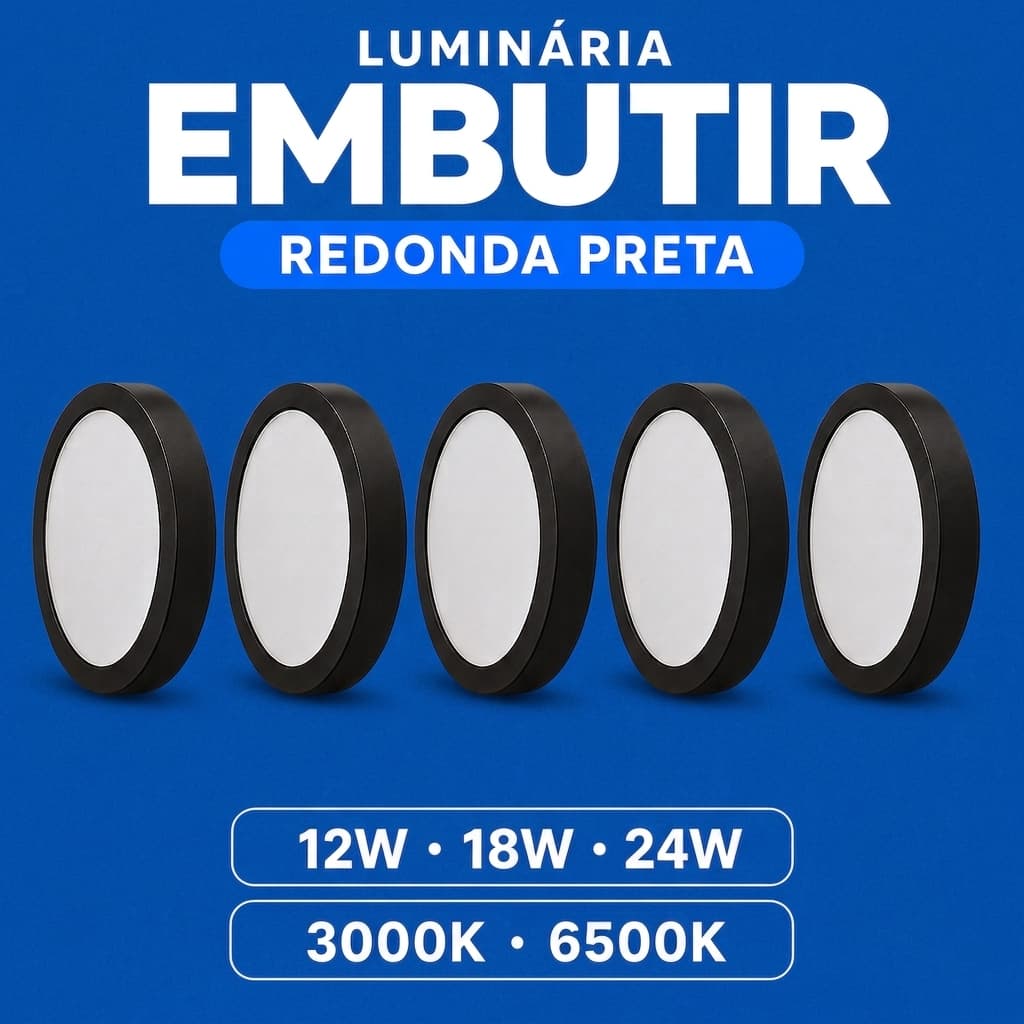 Kit 5 Luminária Painel Plafon Embutir 12W 18W 24W 6500K 3000k Preto Elgin