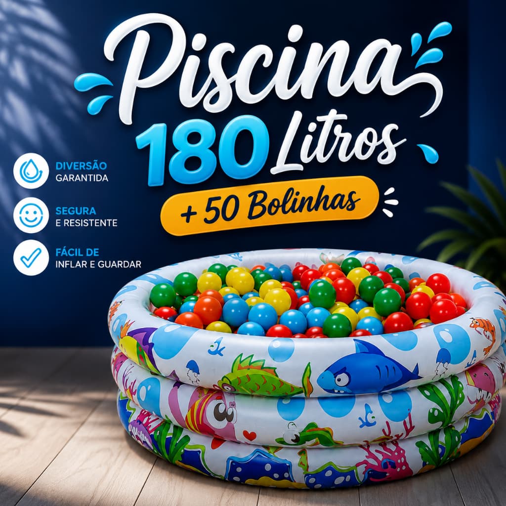 Piscina Infantil Inflável 180 Litros Colorida + 50 Bolinhas
