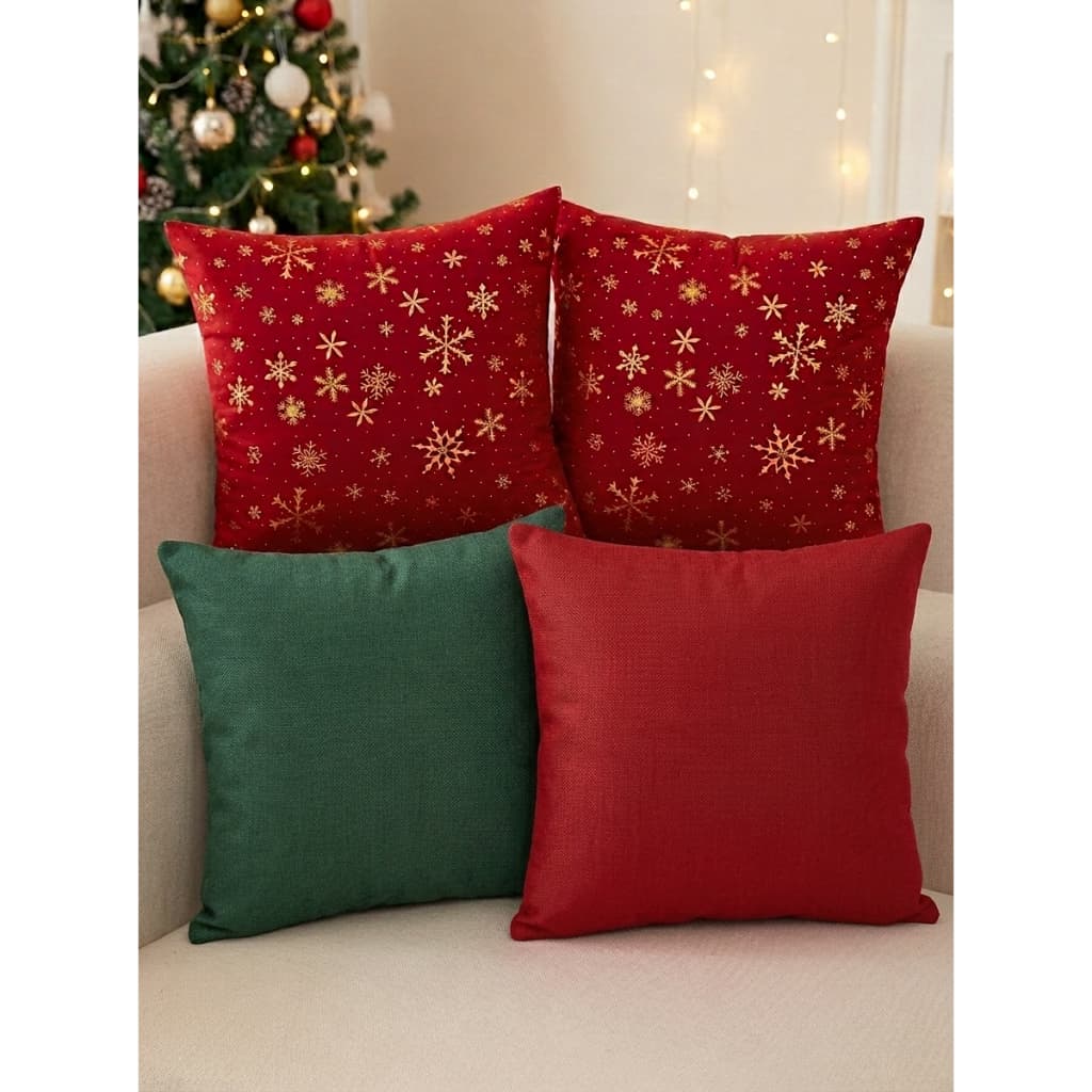 Kit 4 Capas de Almofada Natal Tecido Oxford – Estampa Flocos de Neve + Lisas