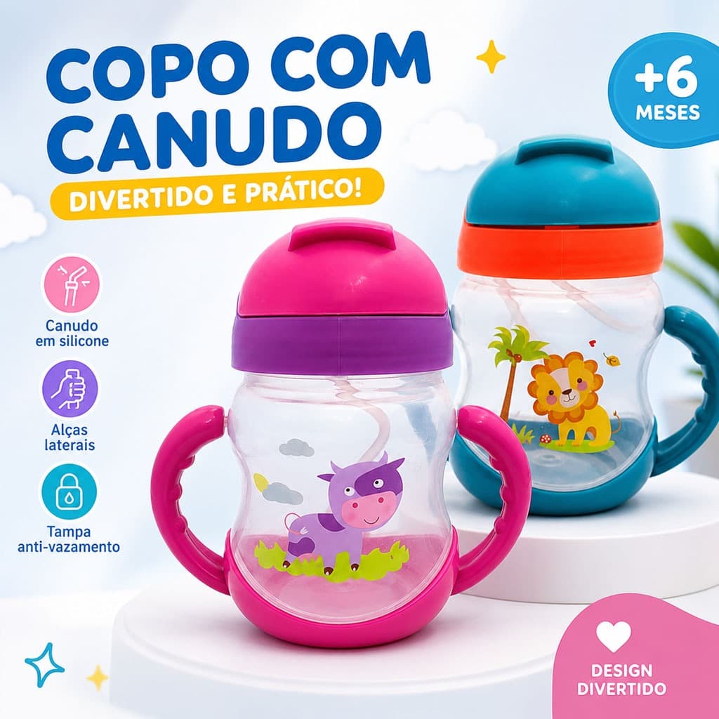 Copo Infantil com Canudo Retrátil de Silicone BPA Free 300ml Copo Treinamento com Alça