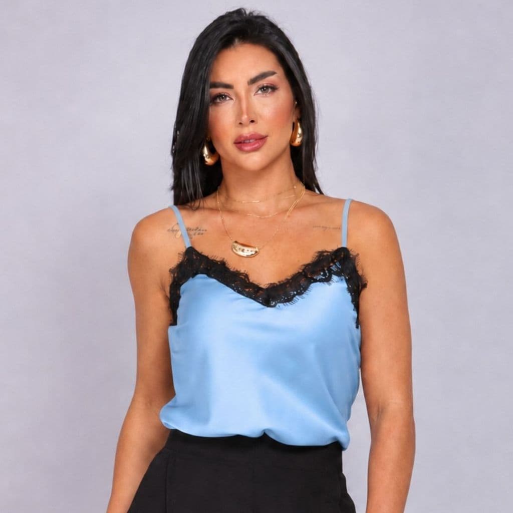 Regata Feminina Acetinada com Renda Blusa de Alcinha Elegante Moda Casual Verão Envio Imediato