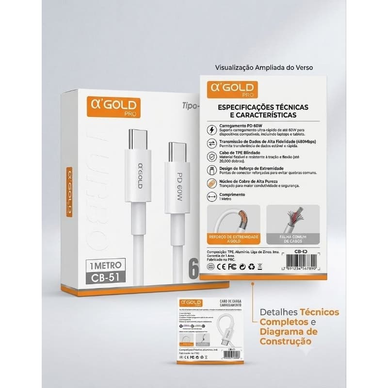 Cabo Carregador Turbo Tipo-C Para Tipo-C PD 60W 1 Metro \alpha'GOLD PRO CB-51