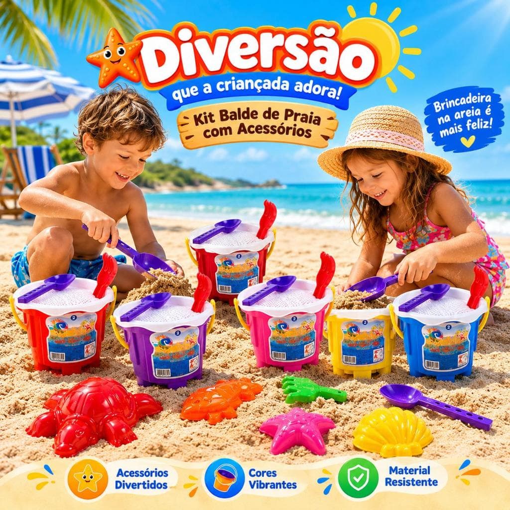 Kit Praia Infantil Baldinho de Areia com Pazinha, Rastelo e Forminhas – Brinquedo Educativo para Crianças Meninos e Meni