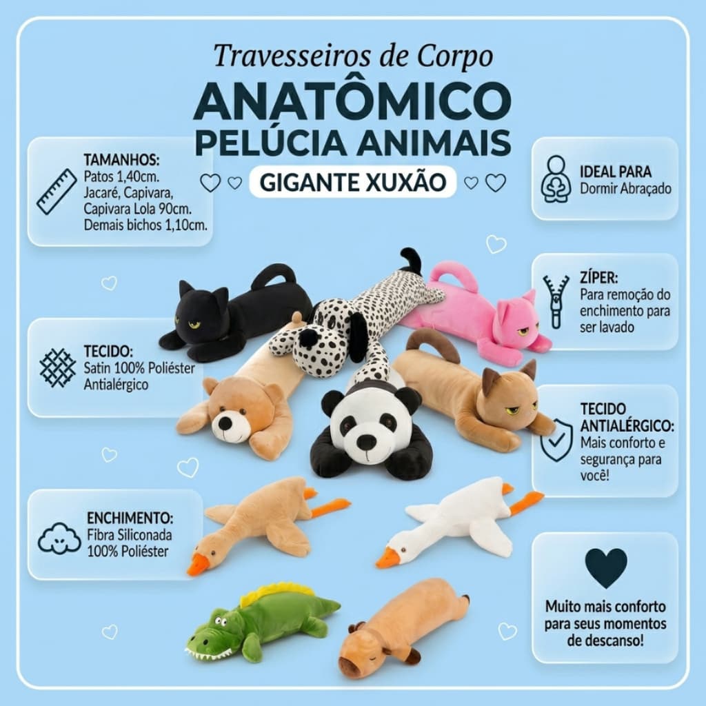 Travesseiro De Corpo Anatomico Pelúcia Animais Gigante XUXÃO 1,10m