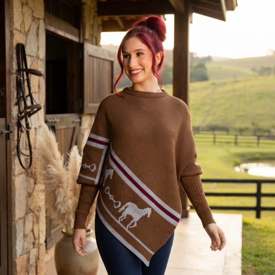 Poncho Feminino Cavalo Campeiro Capa Bridão Pala Gaúcho Tricot Inverno Baile Pampa Rodeio Country Equestre Blusa Ampla