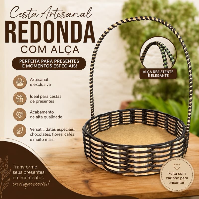 10 Cesta Artesanal Redonda com Alça de bambu – Ideal para Presentes, Café da Manhã e Cestas Especiais