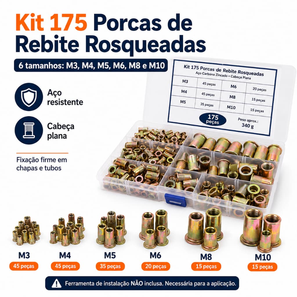 175 Peças De Rebites De Rosca M3 M4 M5 M6 M8 M10 Aco Porca De Rebite Com Cabeça Plana