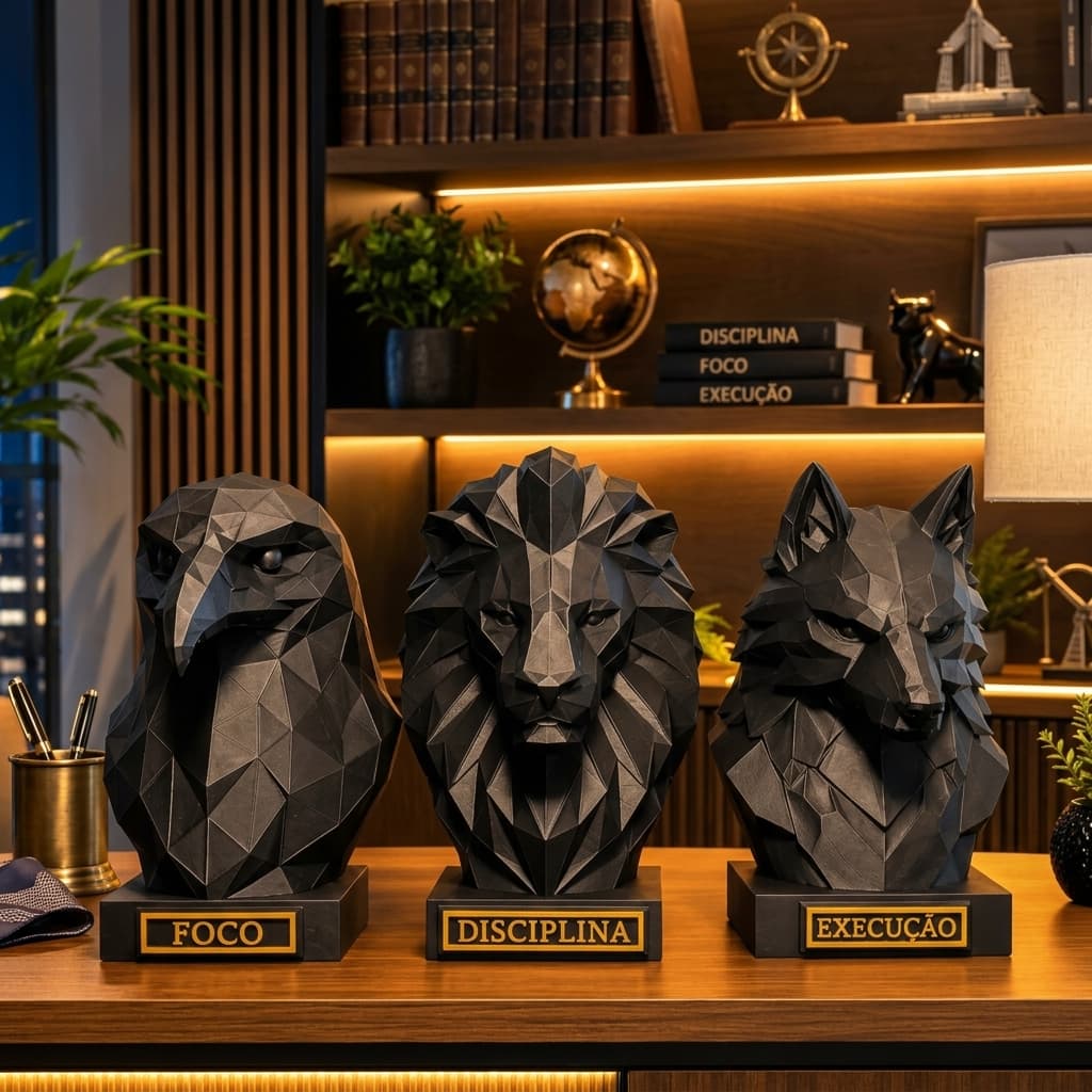 KIT DECORAÇÃO Foco Disciplina Execução 11 CM Esculturas Leão Águia Lobo Preto Matte Dourado 3D Premium para Ambientes