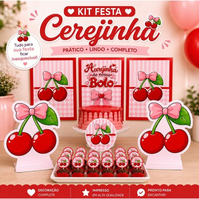 Kit Festa Só 1 Bolinho Cerejinha | Decoração Festa Infantil Cerejinha | Topo de Bolo, Toppers, Displays e Bandeirolas