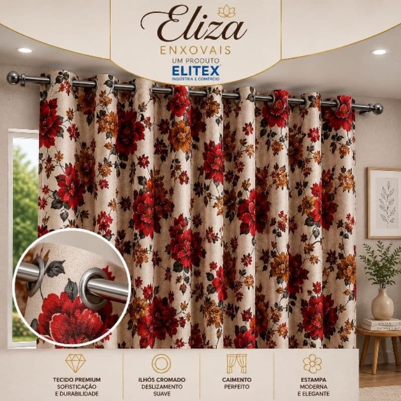 Cortina Rústica Sala e Quarto 3,00 x 2,70 Floral Decoração Elegante CORTINA RÚSTICA Tecido Premium Ilhós Cromado