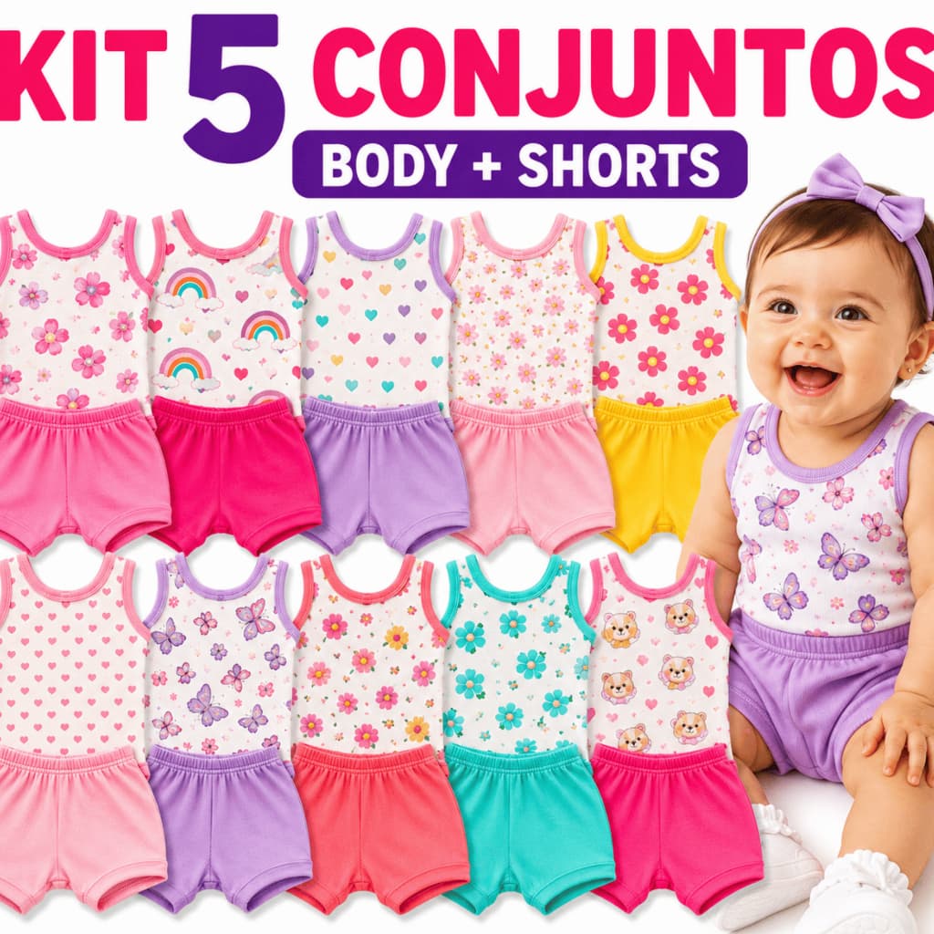 Kit 10 Peças Conjunto Body Bebê Menina Regata Short Verão Malha Canelada 100% Algodão Enxoval Recém Nascido RN P M G
