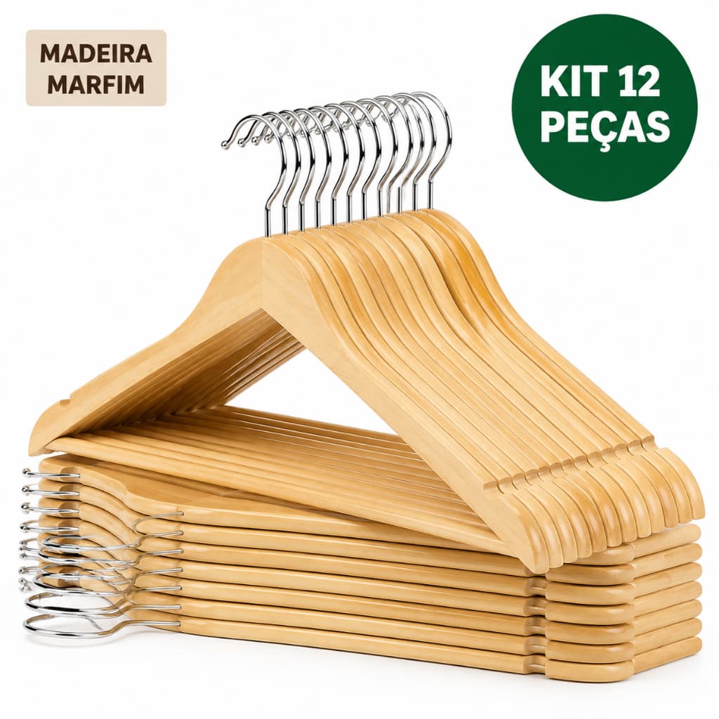 Cabides de Madeira Marfim Premium para Roupas com Gancho Cromado e Entalhe para Alças Kit 3 6 9 12
