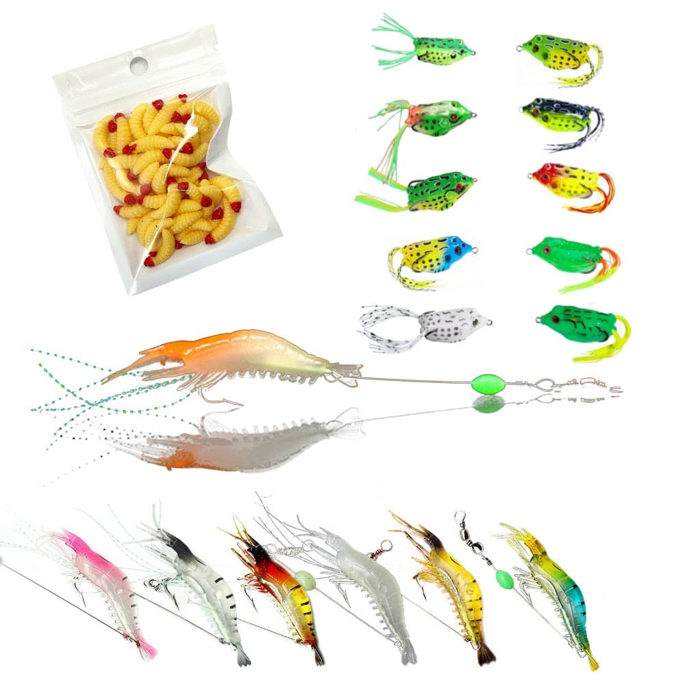 Camarão Que Brilha No Escuro 7 Peças e kit 10 Frog Sapo Iscas Artificial, Isca Artificial Macia, encastoado pesca