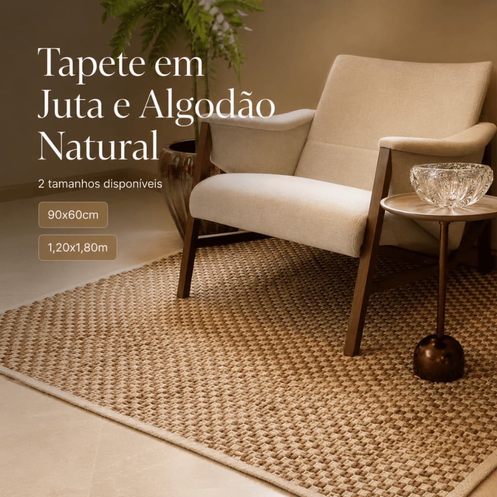 Tapete Grande em Juta e Algodão Natural 2 Tamanhos Elegante Rústico Luxo Decoração Sala Quarto Fácil Limpeza Durável