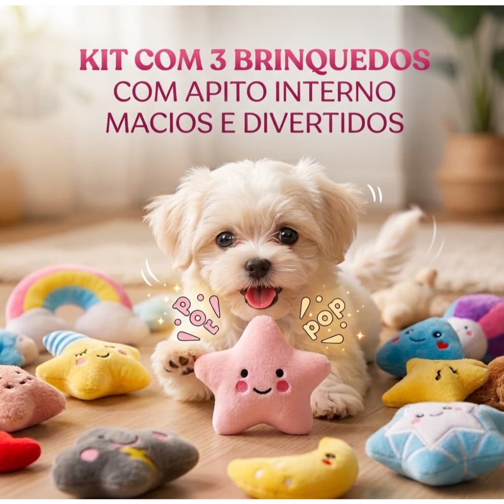 Kit 3 brinquedo pelucia com apito para cachorro pequeno porte