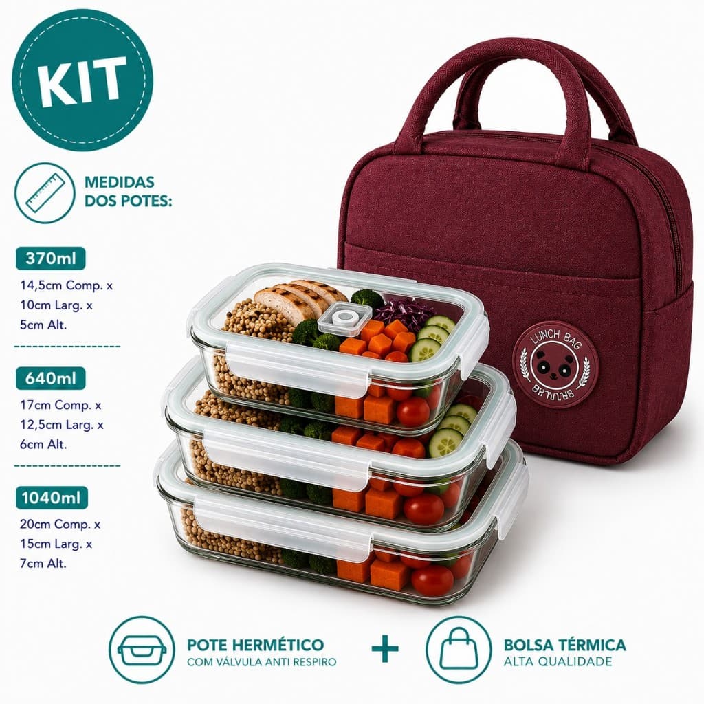Kit 4PÇS Bolsa Térmica e 3 Potes de Vidro Hermético 370/640/1040 ml Para Marmita / Lancheira Fitness /Academia /Trabalho