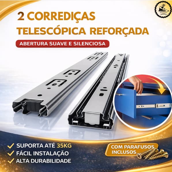 Corrediça Telescopica Trilho Larga Reforcada 1 Par 25cm 30cm 35cm 40cm 45cm 50cm Aço Zincado