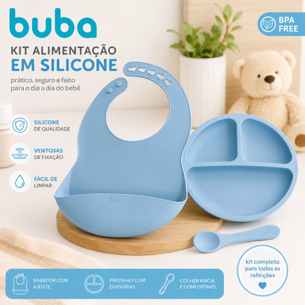 Kit Alimentação Infantil em Silicone Buba Azul Babador Prato Colher