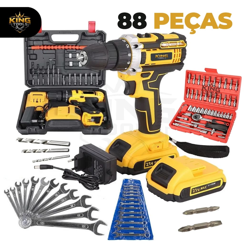 Kit Jogo Ferramentas 88 Peças Parafusadeira/Furadeira/Martelete 48V 2 Baterias + Jogo de Soquetes + Chave combinada