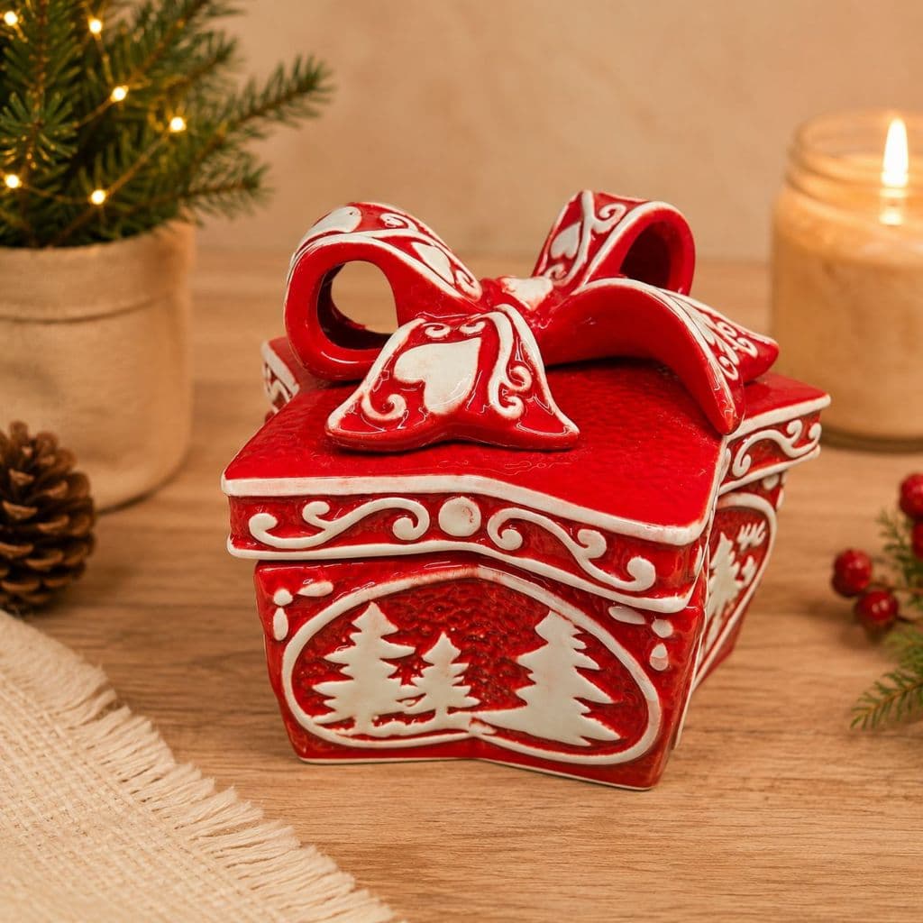 Pote de Natal em Porcelana Vermelho com Tampa e Laço Decorado Caixa Natalina Porta Doces Biscoitos